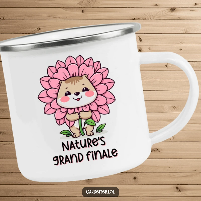 Funny camping mug: A cheerful animal gardener proudly presents a giant flower, perfect for outdoor use and celebrating nature.