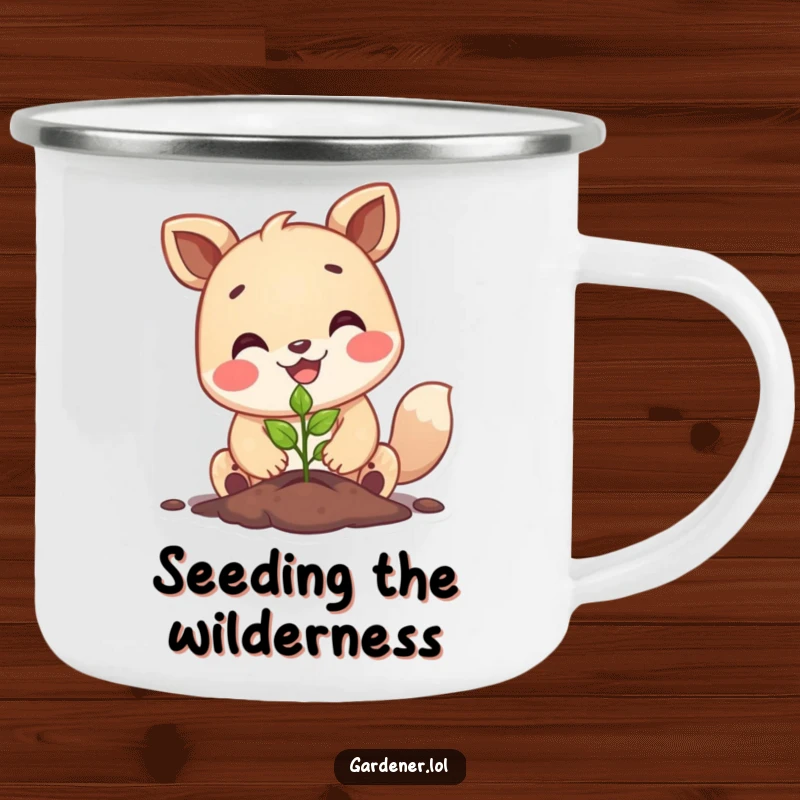 Funny happy animal planting a tiny seedling with a big smile, enamel camping mug, outdoor gardening design.