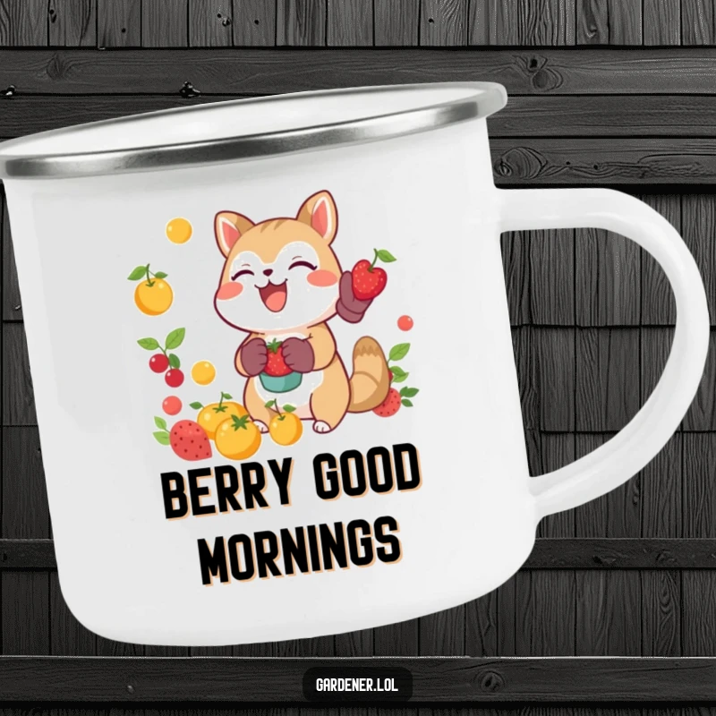 Funny joyful animal catching falling fruit with gardening gloves, enamel camping mug, outdoor harvest design.