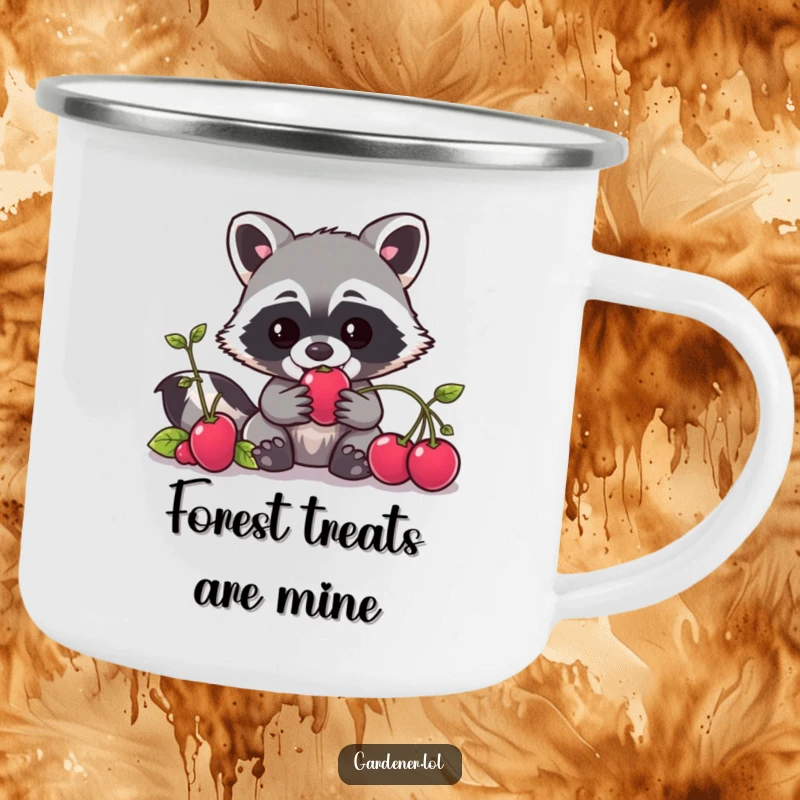 Funny Kawaii raccoon gardener camping mug, a mischievous character sneaking a berry, durable and humorous for outdoors.