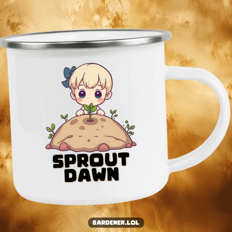 Funny camping mug with a character admiring a tiny sprout emerging from the earth, perfect for outdoor enjoyment.