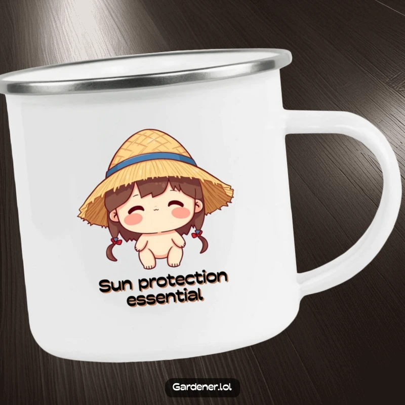 Funny camping mug with a character wearing a straw hat that is slightly too big, for outdoor adventures.