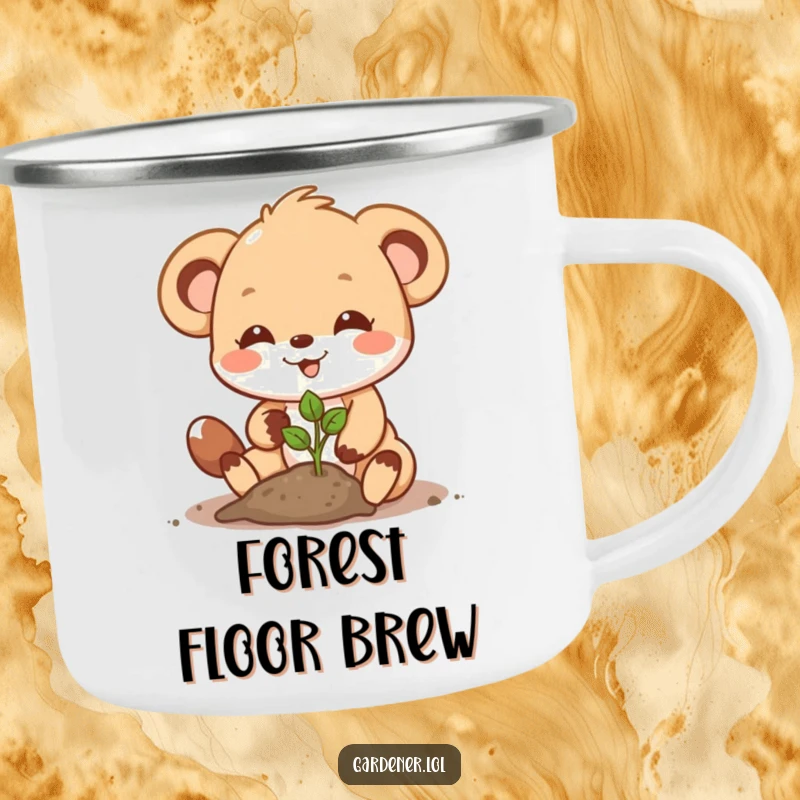 Funny Camping Mug: A smiling animal character plants a seedling, ideal for outdoor enthusiasts who love nature.
