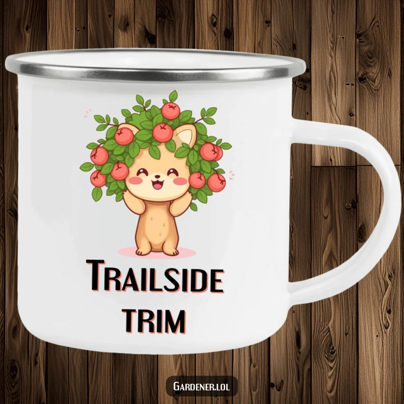 Funny camping mug with a cheerful animal character pruning a small, friendly bush, designed for outdoor enjoyment and humor.