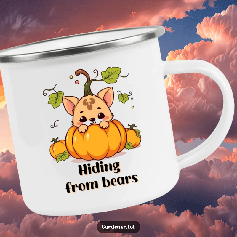 Funny camping mug showing a mischievous animal character hiding behind a large pumpkin, perfect for fall adventures with humor.