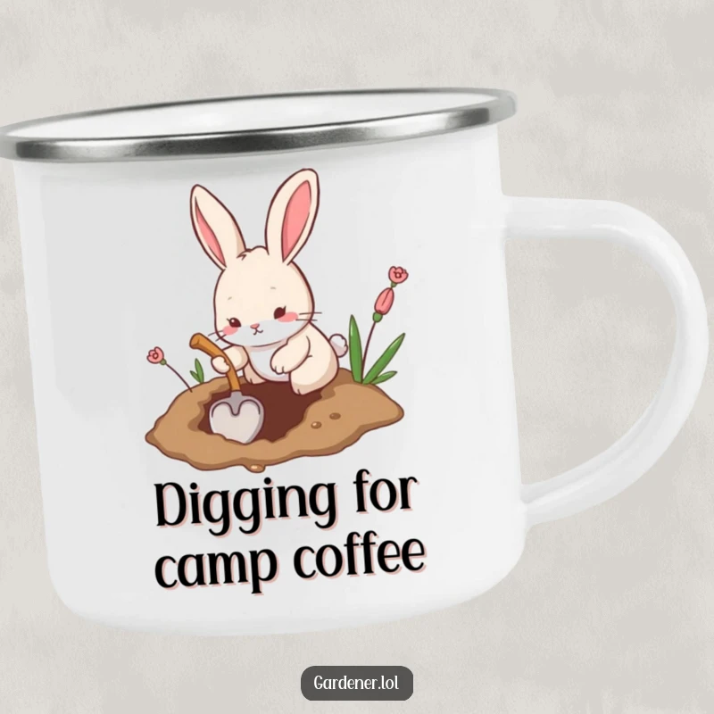 Funny camping mug featuring a playful rabbit digging a hole with a tiny shovel, bringing humorous industriousness outdoors.