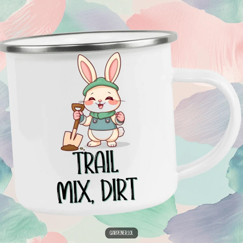 Funny rabbit gardener camping mug featuring a giggling bunny with gloves and a spade, perfect for outdoor use.