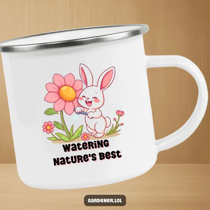 Funny camping mug showing a happy rabbit character gleefully watering a giant, smiling flower, perfect for outdoor adventures with a humorous touch.