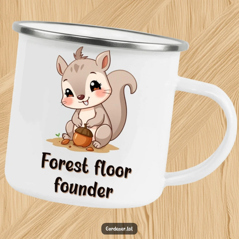 Funny camping mug with a curious squirrel planting a tiny acorn with a smile, durable and humorous for outdoor lovers.