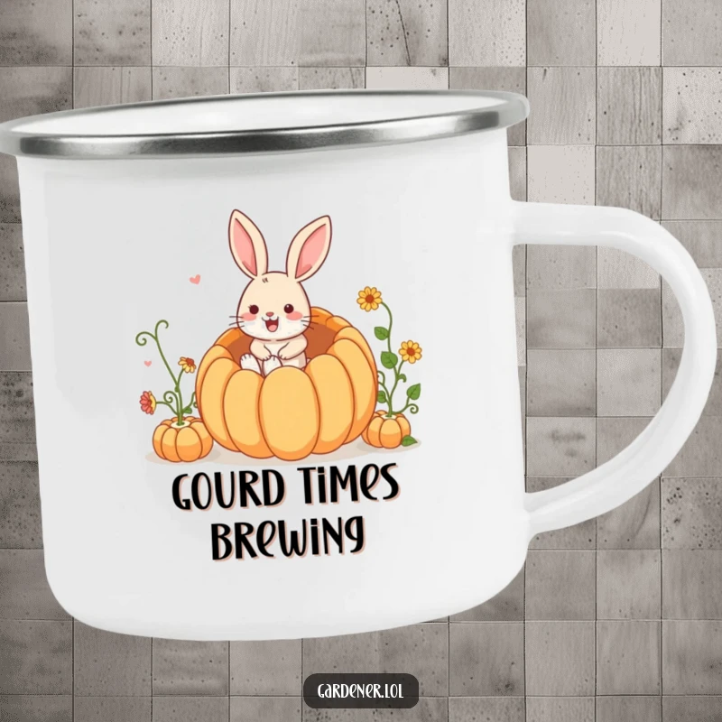 Funny Camping Mug: A playful rabbit gardener joyfully hops into a giant pumpkin during an outdoor adventure.