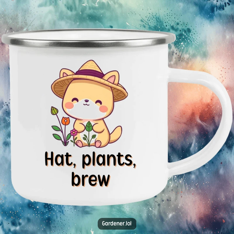 Funny animal character camping mug in a straw hat, delighted by plants, for outdoor fun.