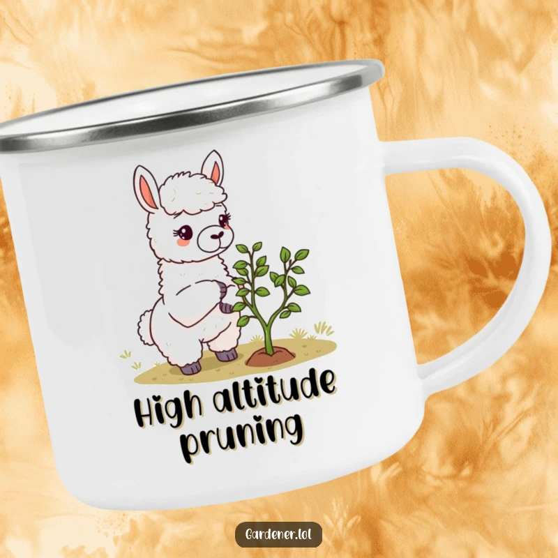 Funny Llama Gardener Camping Mug: A sturdy mug with a thoughtful llama gardener pruning a tiny tree, perfect for outdoor fun.