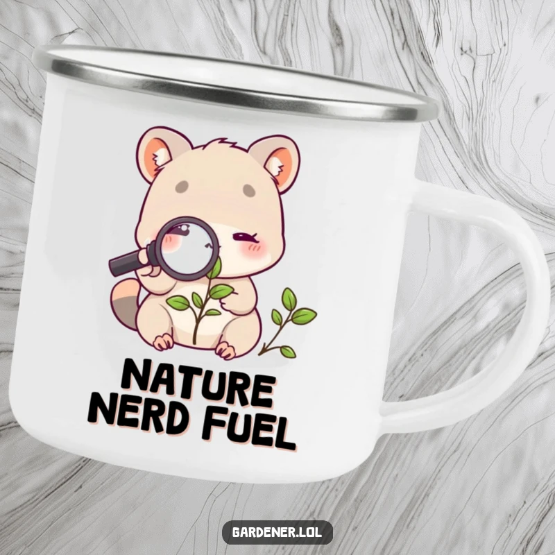 Funny camping mug with a cute animal character intently studying a plant with a magnifying glass, embodying a humorous outdoor adventure spirit.