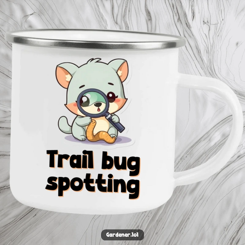 Funny camping mug with a curious animal character using a magnifying glass to study a worm, built for exploration and humor.