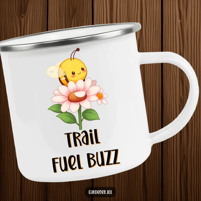 Funny camping mug showing a character imitating a busy bee buzzing around a flower. Durable and humorous funny gift.