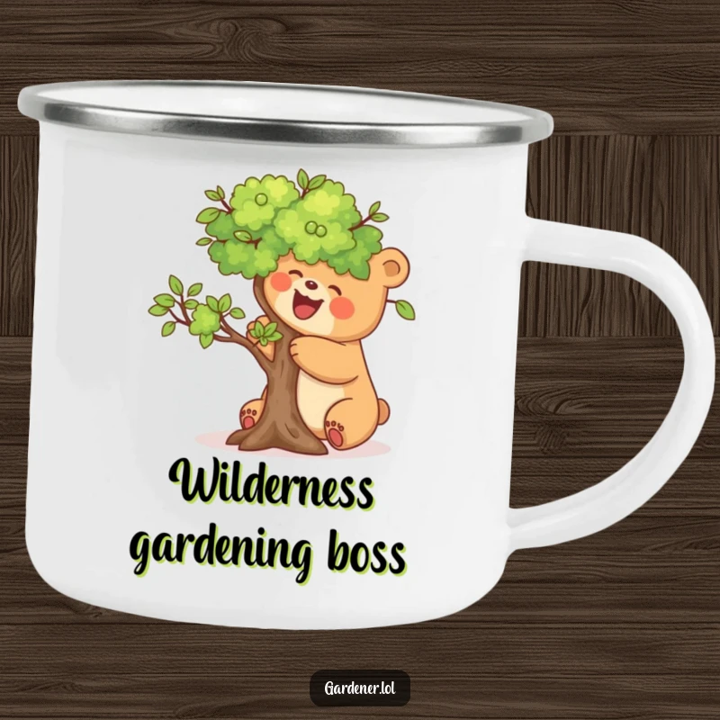 Funny camping mug with a joyful bear carefully pruning a miniature tree, durable and humorous for outdoor lovers.