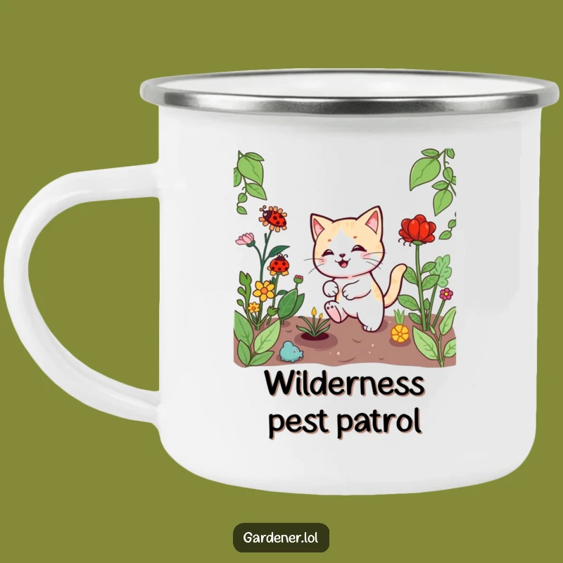 Funny Kawaii Cat Gardener Camping Mug, Playful Ladybug Chase, Outdoor Adventure Gift