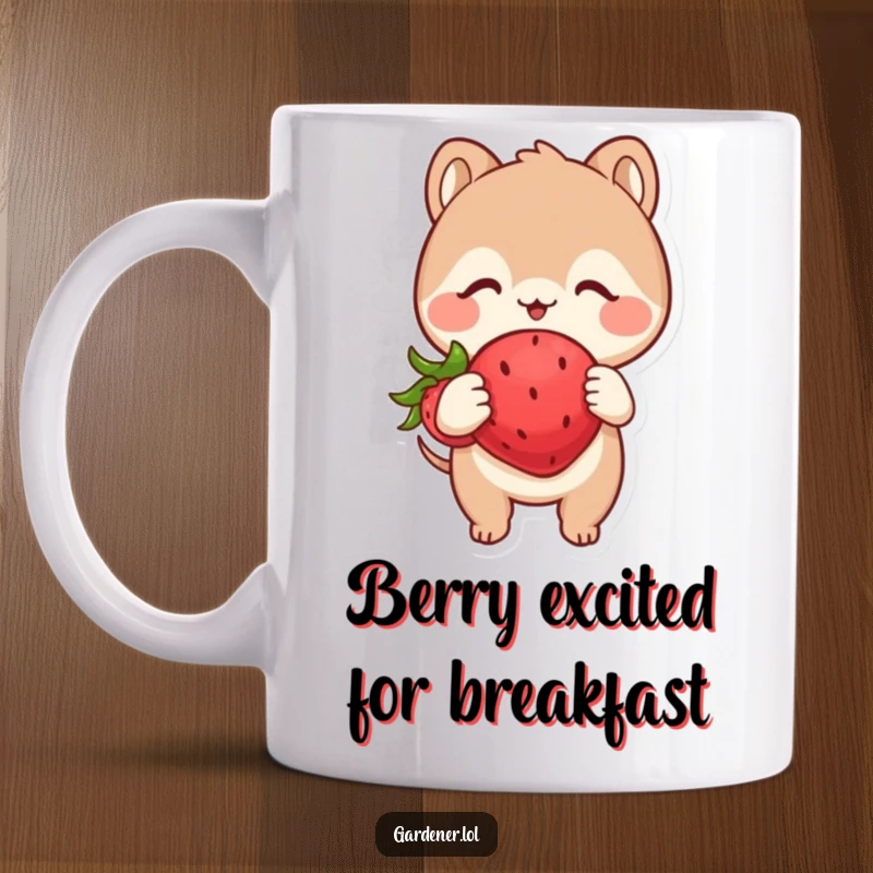 Funny mug featuring a cute animal character examining a plump, happy strawberry with immense glee and delight.