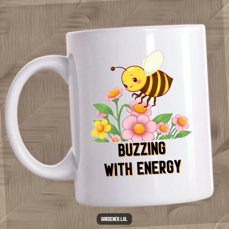 Funny mug showing a busy bee character energetically pollinating a flower with great enthusiasm, capturing the joy of gardening.