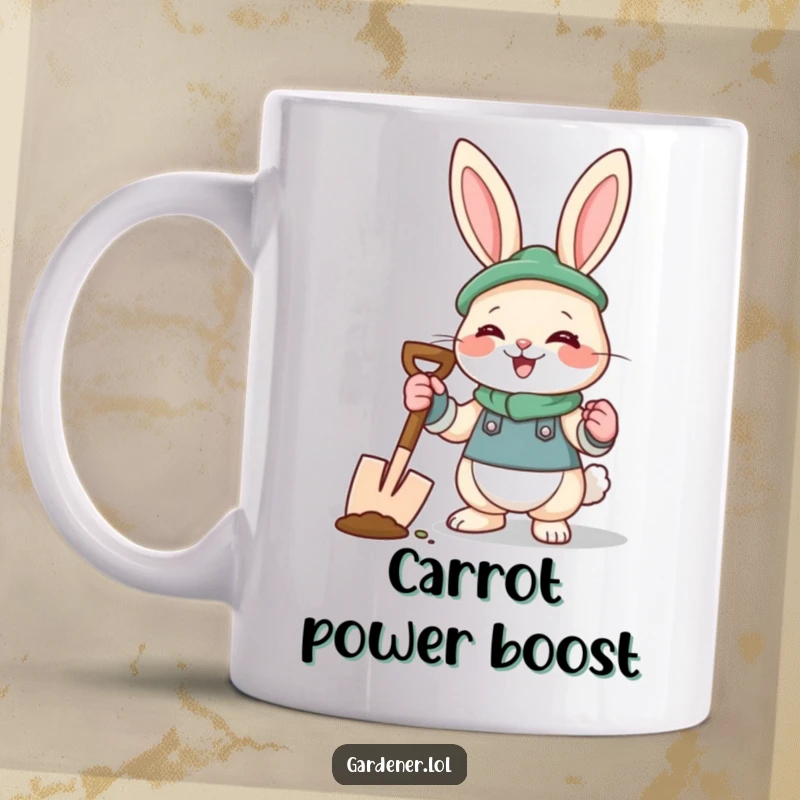 Funny rabbit gardener mug featuring a giggling bunny in gloves holding a spade, ready for planting fun.