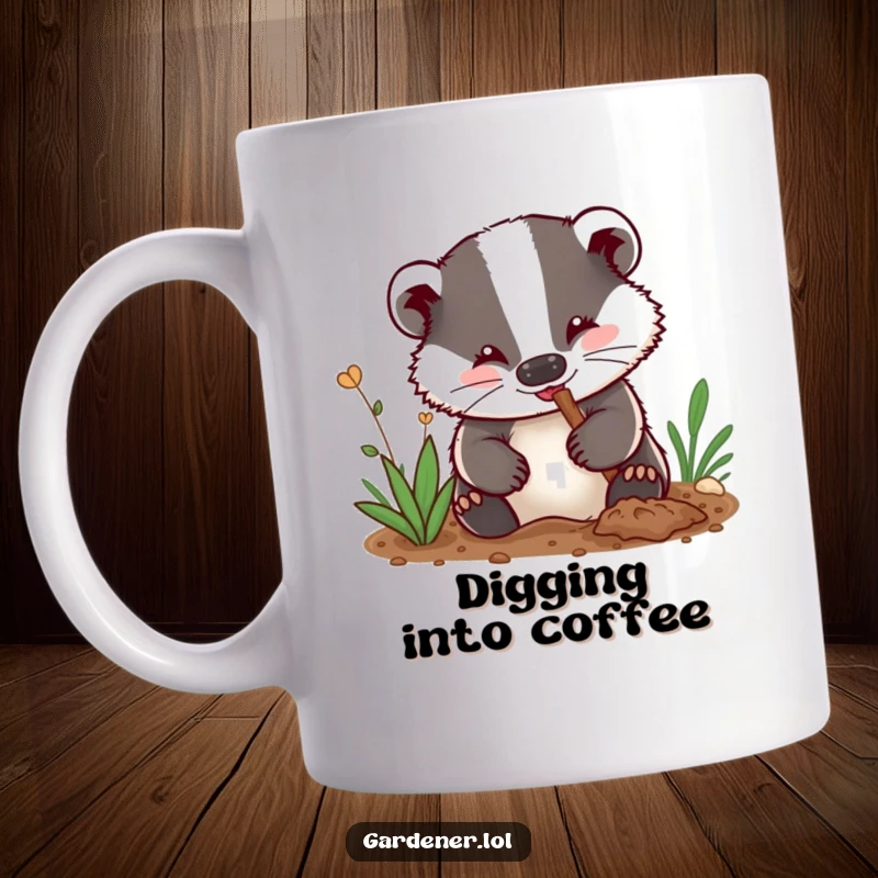 Funny mug: A delighted badger wearing gardening attire enthusiastically digs with its paws, dirt smudges adorably on its nose.