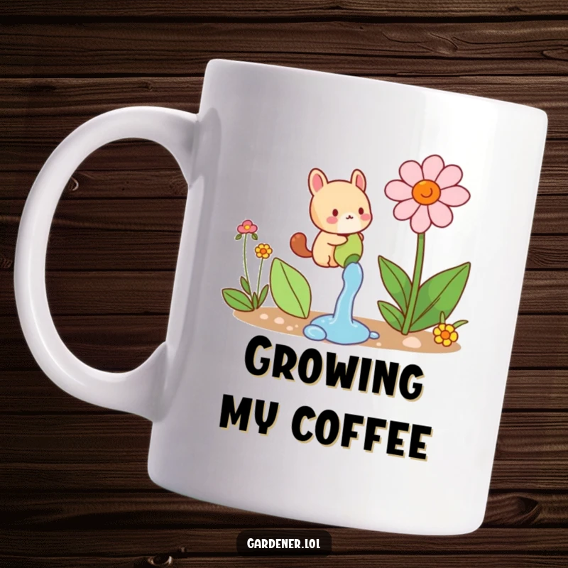 Funny mug featuring a small animal character joyfully watering a comically large flower, symbolizing growth and cheerful dedication.