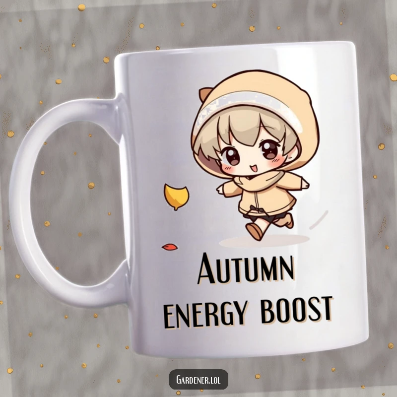 Funny Mug: A character with a determined look playfully chases a falling autumn leaf, capturing the essence of fall fun.