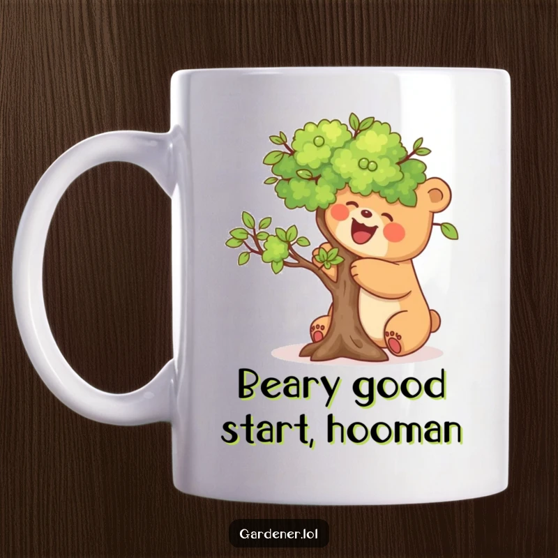 Funny mug showing a joyful bear carefully pruning a tiny tree, embodying patience and gentle care.
