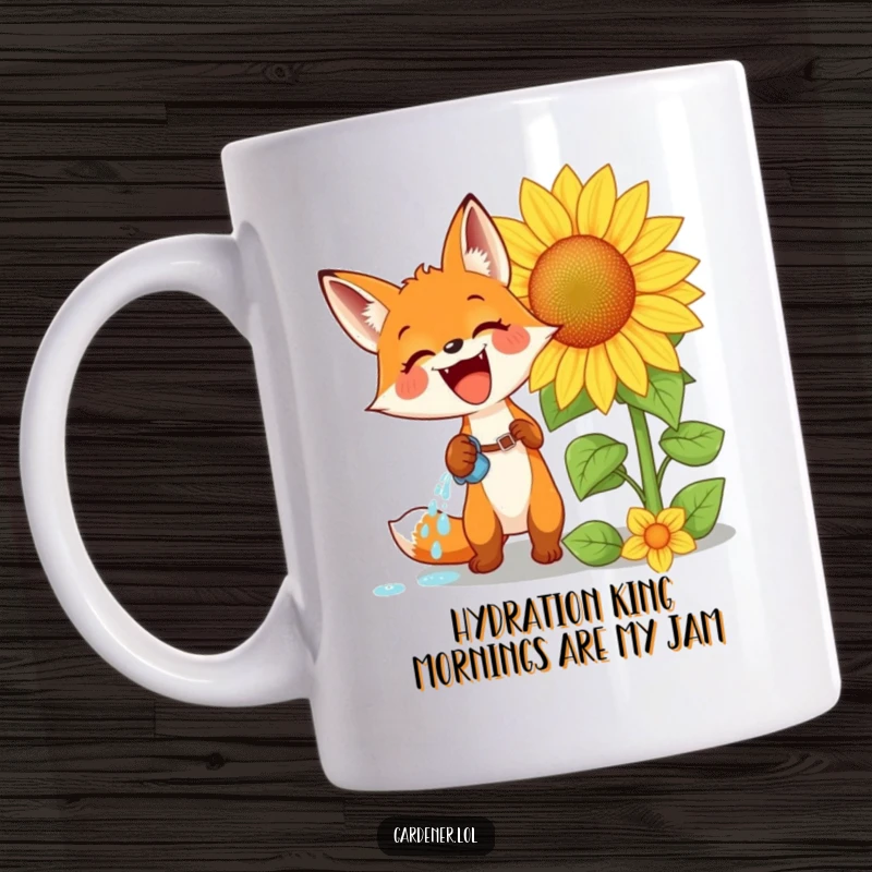 Funny mug featuring an excited fox gleefully watering an enormous sunflower, showcasing a vibrant and happy gardening scene.