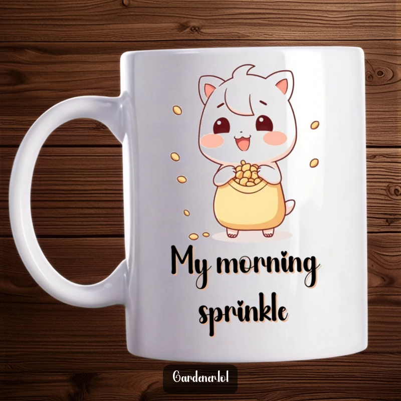 Funny watering can mug featuring a grinning character playfully scattering seeds from a tiny pouch, symbolizing a joyful gardening spirit.