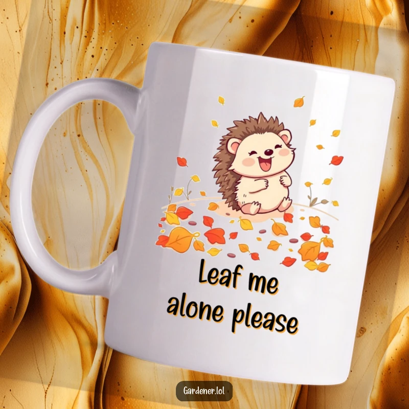 Funny Hedgehog Gardener Mug: A happy hedgehog rolls downhill through autumn leaves, embodying pure, unadulterated joy and gardening fun.