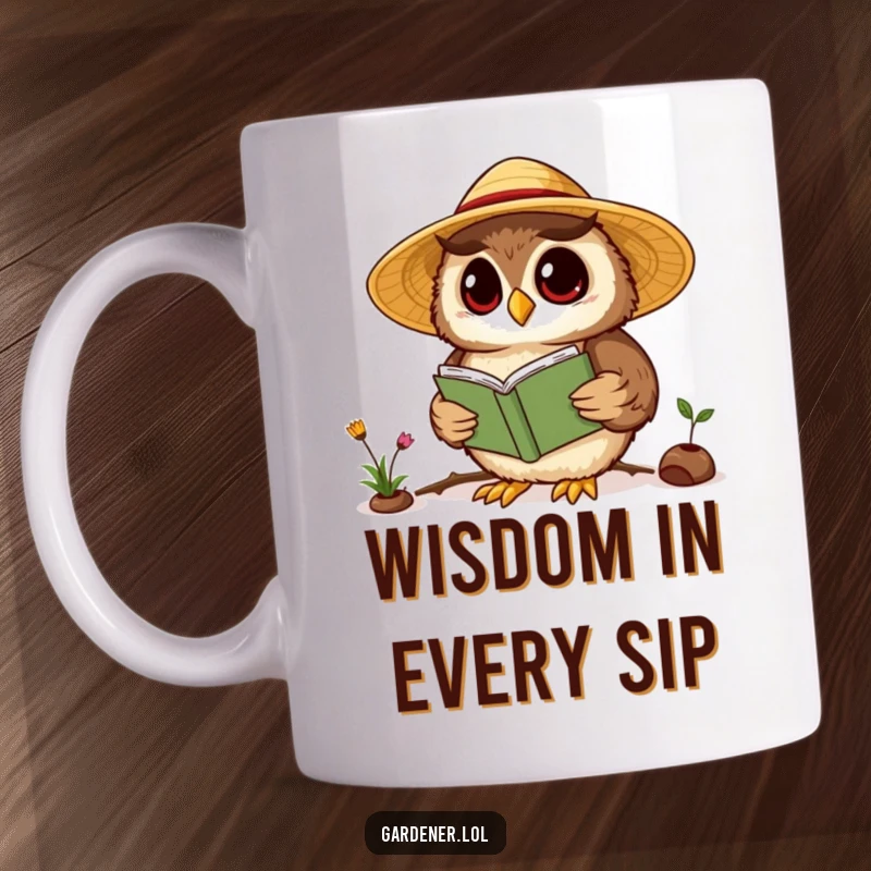Funny Kawaii owl gardener character wearing a straw hat, engrossed in reading a gardening book, bringing wisdom and humor.