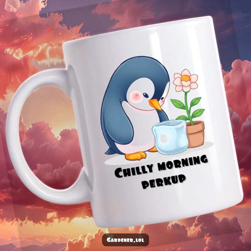 Funny penguin curiously examining and tending to a delicate ice flower in a pot, on a mug.