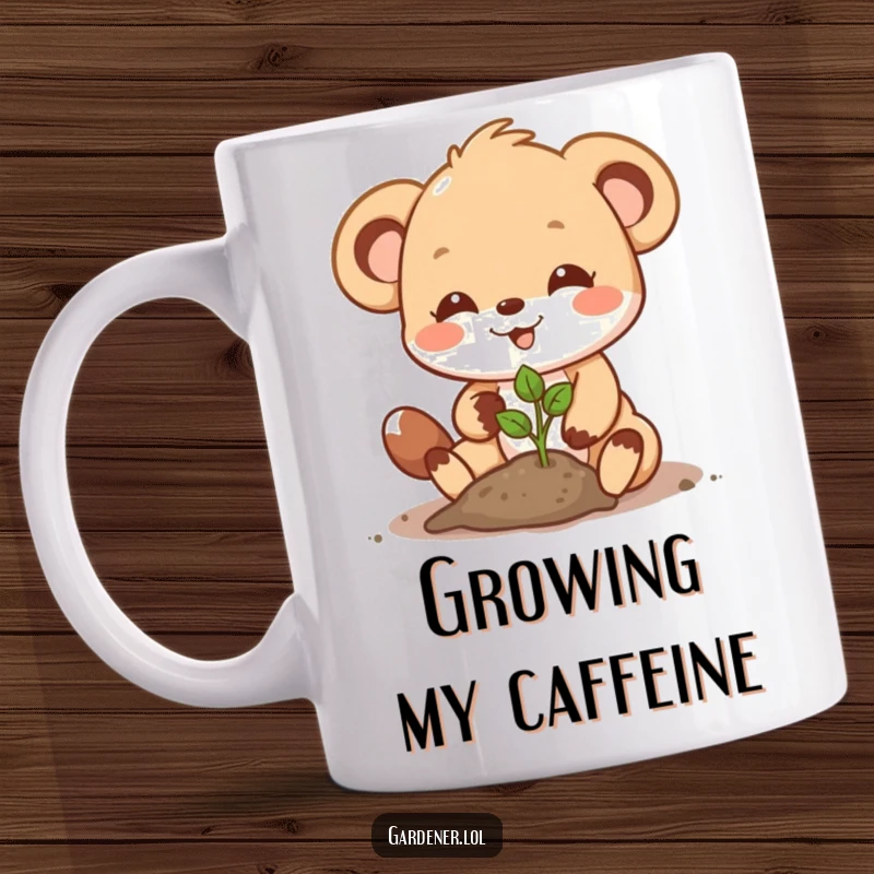 Funny Mug: A cute animal character with a determined smile joyfully plants a tiny seedling, celebrating growth and nature.