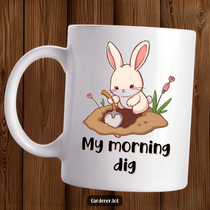 Funny mug depicts a playful rabbit diligently digging a hole with a tiny shovel, showcasing humorous industriousness.