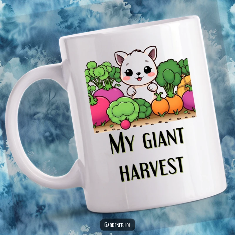 Funny mug with a happy animal character lovingly tending a row of comically oversized vegetables in a garden.