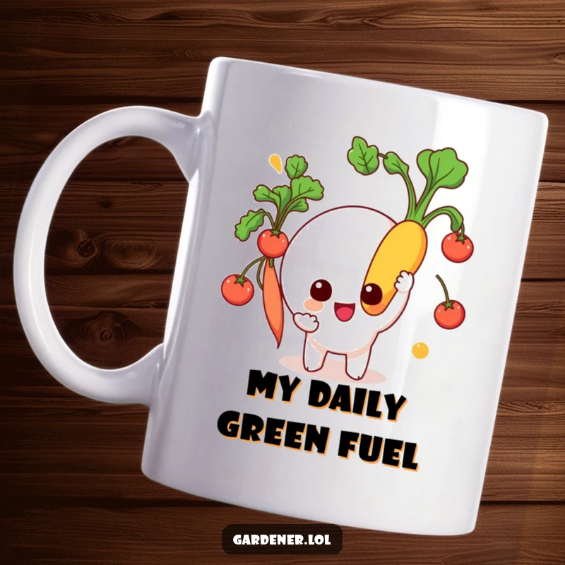 Funny Mug: A smiling character proudly displays a freshly picked, colorful vegetable, celebrating gardening success and fresh produce.
