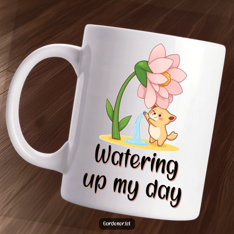 Funny mug featuring a cute animal character joyfully watering a giant, dancing flower in a whimsical garden scene.