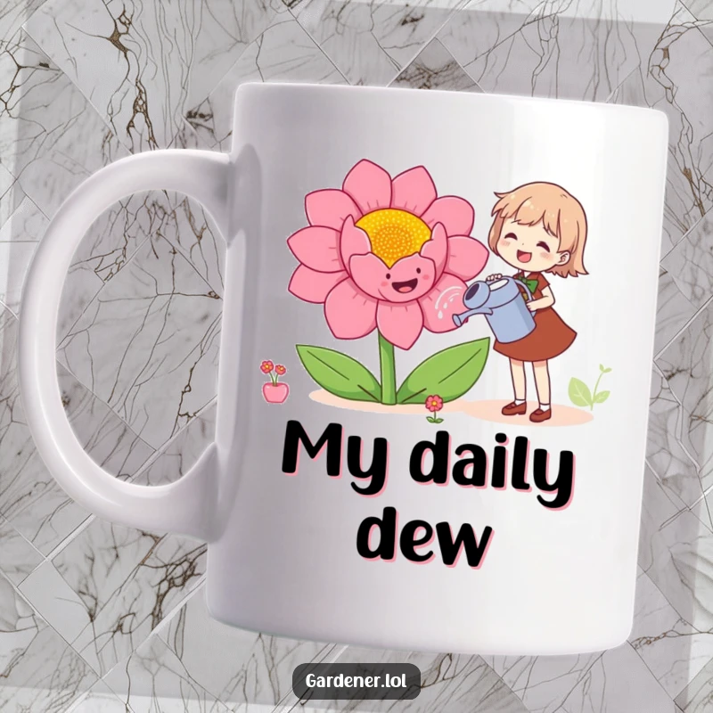 Funny mug featuring a character happily watering a huge, smiling flower, conveying pure joy and a love for gardening.