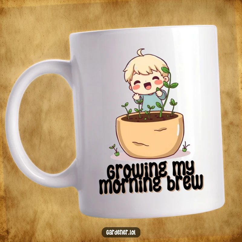 Funny mug showing a happy character cheerfully planting tiny seeds into a massive plant pot.