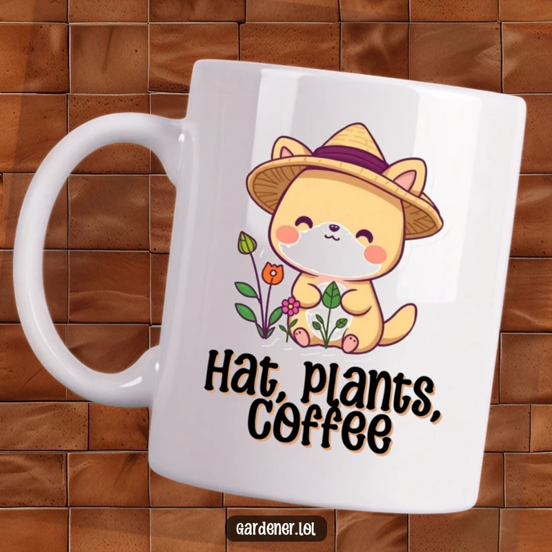 Funny animal character mug with straw hat, delighted by plants, bringing garden joy.