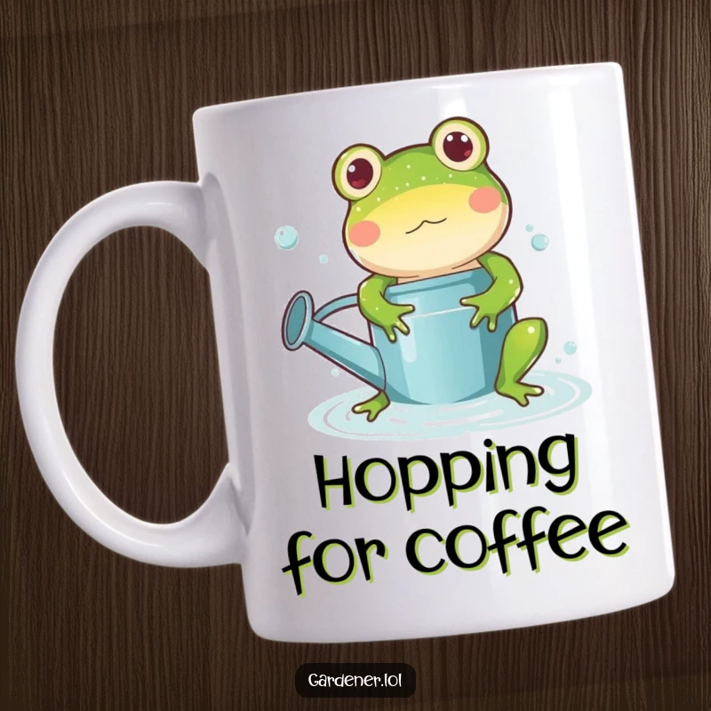 Funny frog watering can mug, a playful cartoon frog character happily splashing inside a watering can, embodying pure wet-weather joy.
