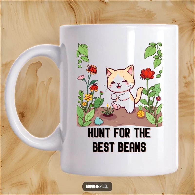 Funny Kawaii cat gardener character playfully chasing a ladybug among vibrant plants, bringing joy and humor to your day.