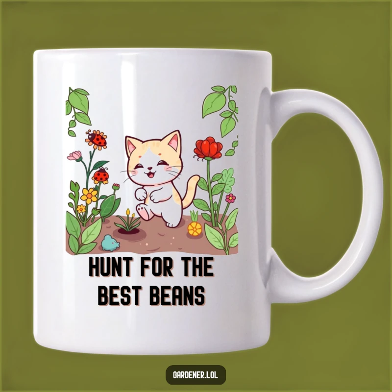 Funny Kawaii Cat Gardener Mug, Playful Ladybug Chase, Perfect Gift for Cat Lovers