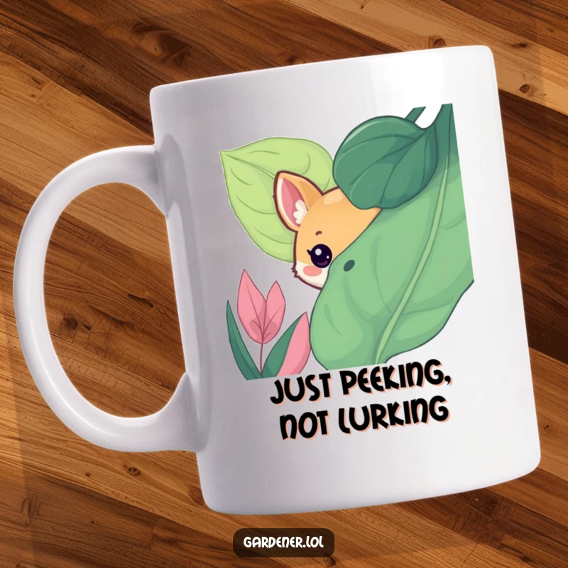 Funny mug with a cute animal character playfully peeking from behind a large, lush green leaf, creating a sense of adorable mystery.