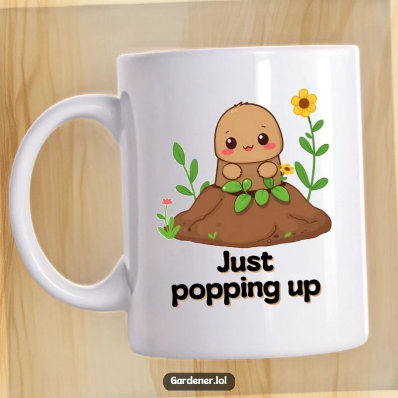 Funny Mole Gardener Mug: A curious mole peeks its head out of a freshly dug hole, showcasing playful gardening antics.