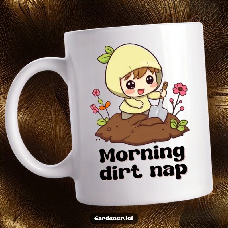 Funny mug showing a character excitedly digging in the soil with a small shovel, embodying enthusiastic exploration.