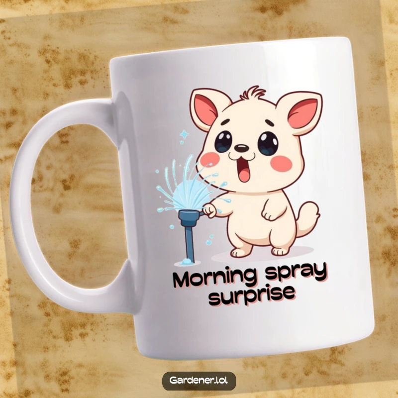 Funny mug showing a surprised animal character getting playfully sprayed by a lawn sprinkler, celebrating summer fun and unexpected wetness.