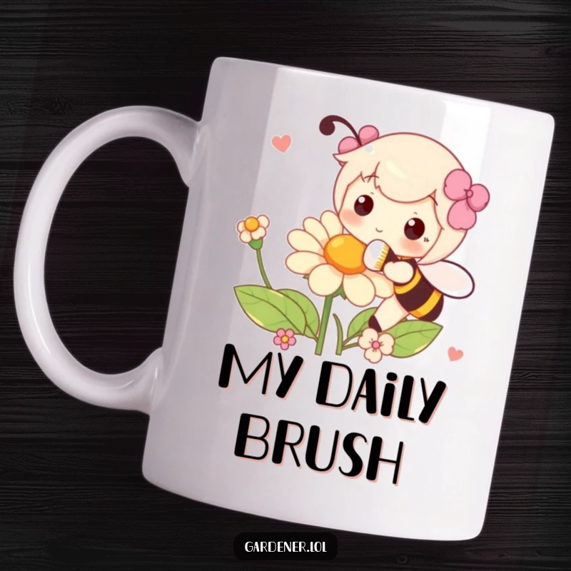 Funny mug showing a character playfully pollinating a flower with a fluffy brush, embodying gentle interaction and nature's art.