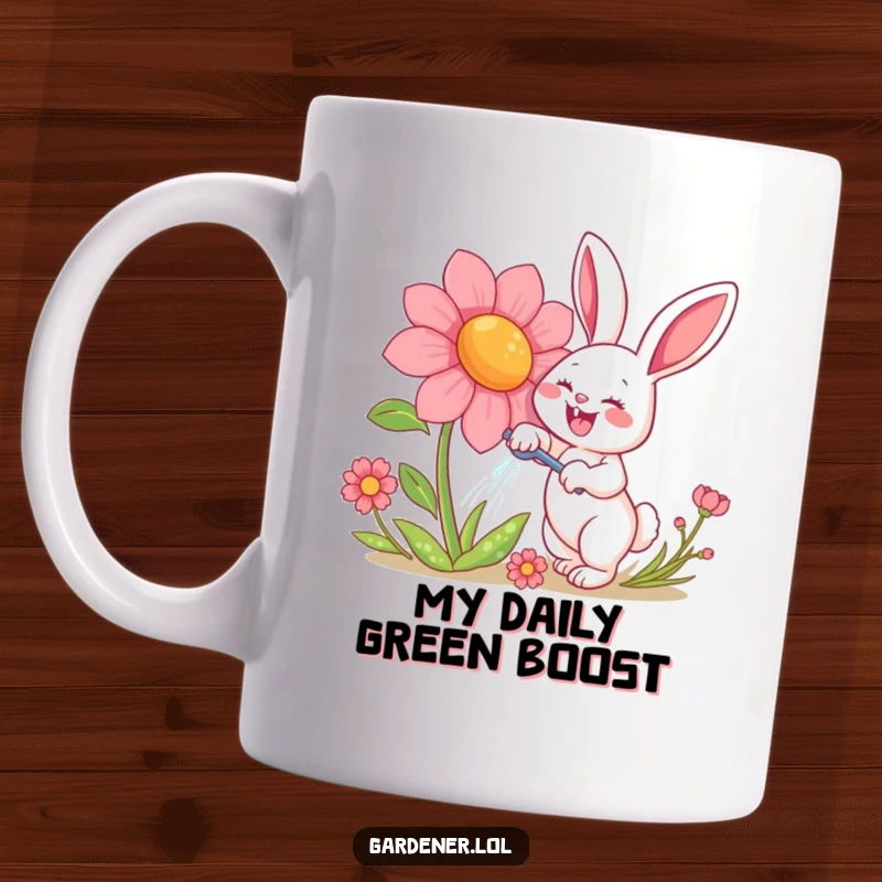 Funny mug featuring a happy rabbit character gleefully watering a giant, smiling flower, bringing vibrant garden joy to your desk.